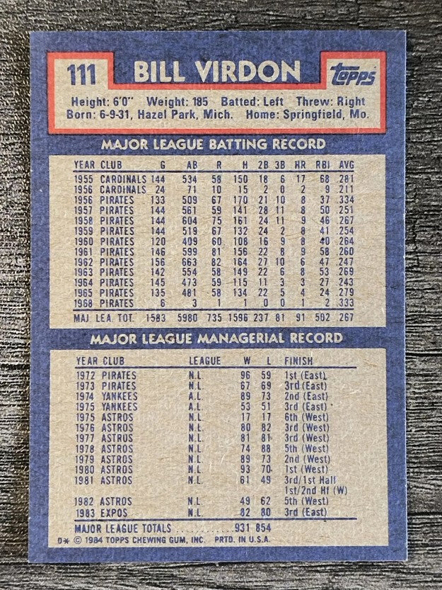 1984 Topps #111 Bill Virdon MG