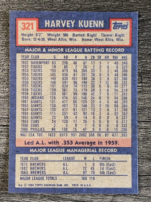 1984 Topps #321 Harvey Kuenn MG