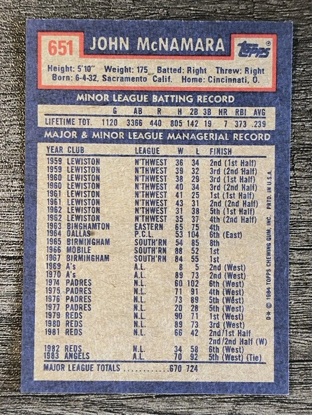 1984 Topps #651 John McNamara MG
