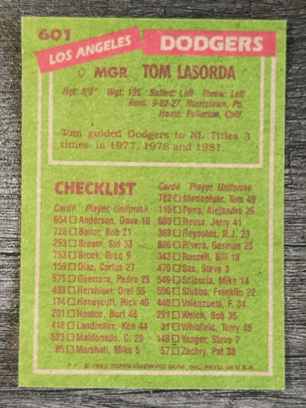 1985 Topps #601 Tom Lasorda MG