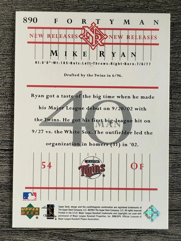 2003 Upper Deck 40-Man #890 Mike Ryan NR RC