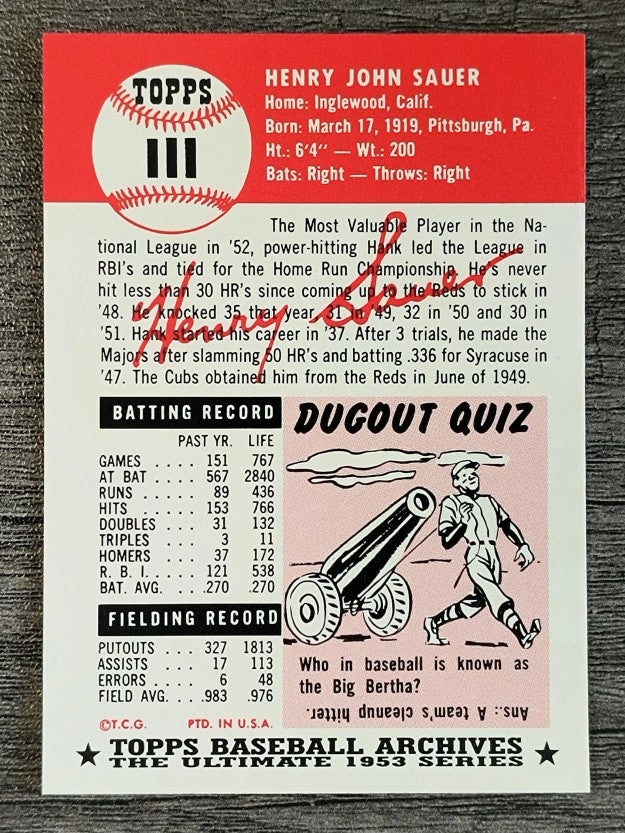 1991 Topps Archives '53 #111 Hank Sauer