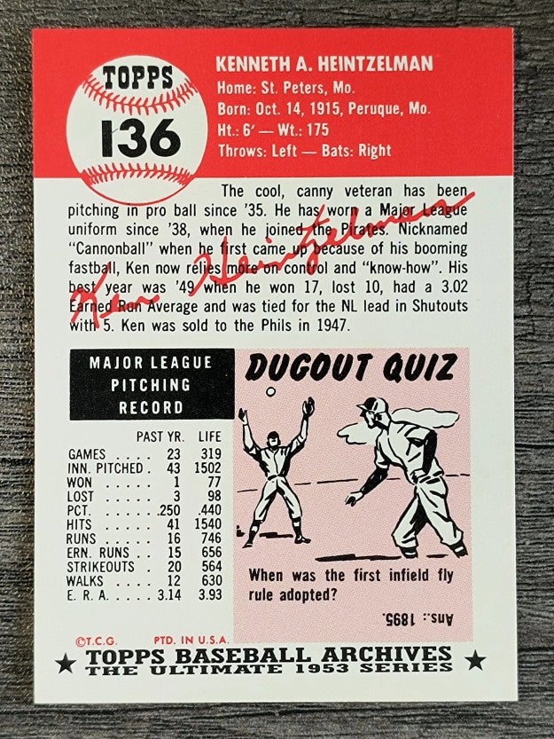 1991 Topps Archives '53 #136 Ken Heintzelman