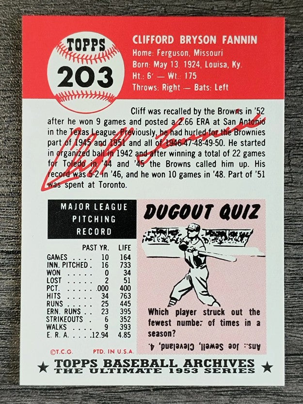 1991 Topps Archives '53 #203 Cliff Fannin