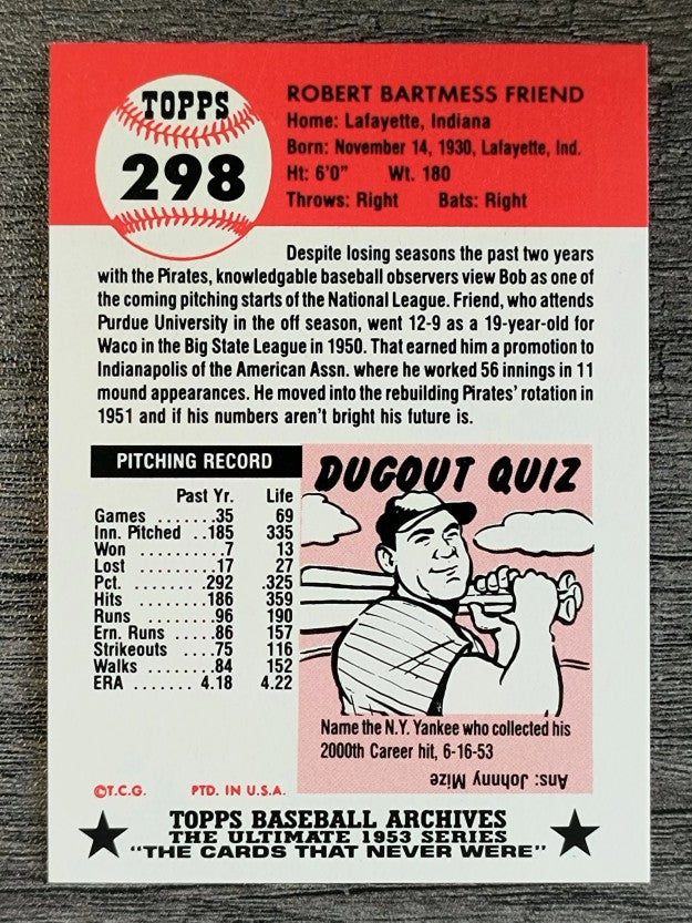 1991 Topps Archives '53 #298 Bob Friend
