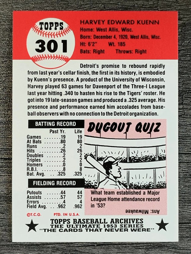 1991 Topps Archives '53 #301 Harvey Kuenn