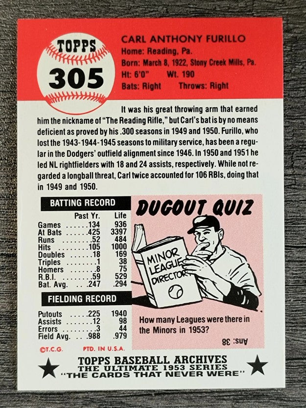 1991 Topps Archives '53 #305 Carl Furillo
