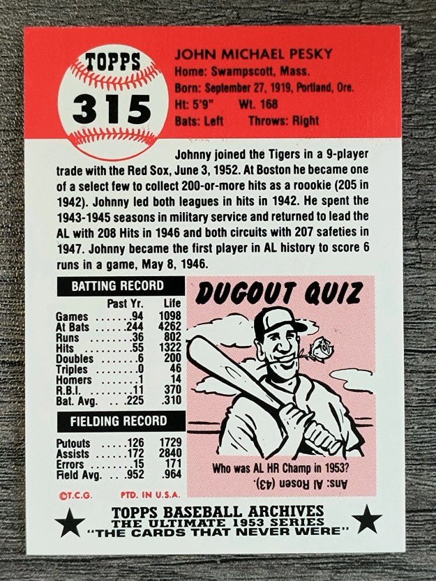1991 Topps Archives '53 #315 Johnny Pesky
