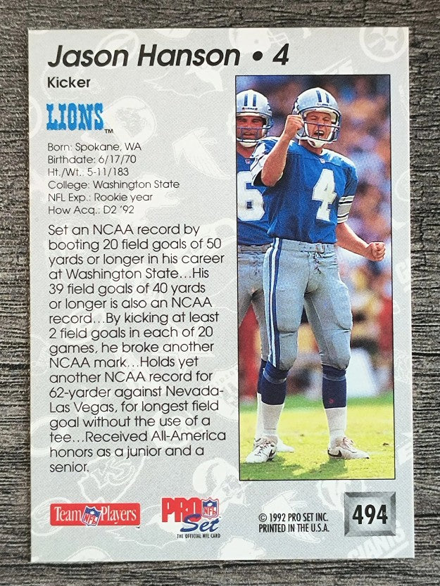1992 Pro Set #494 Jason Hanson RC