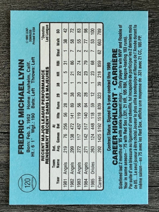 1986 Leaf/Donruss #120 Fred Lynn