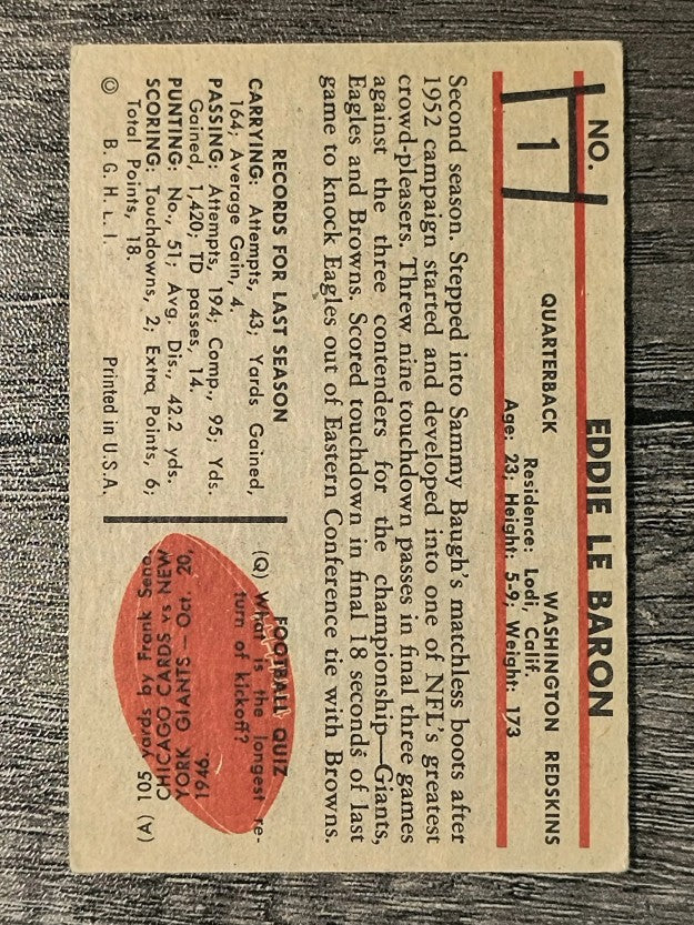 1953 Bowman #1 Eddie LeBaron RC (VG)