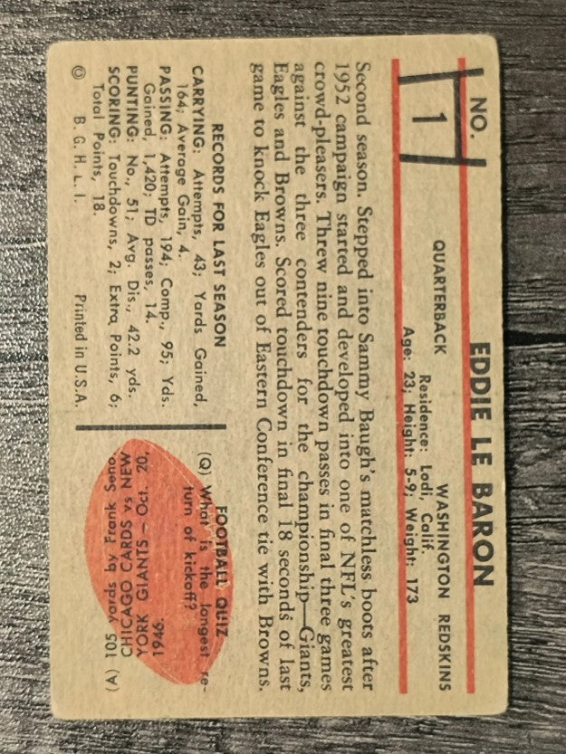 1953 Bowman #1 Eddie LeBaron RC (VG)