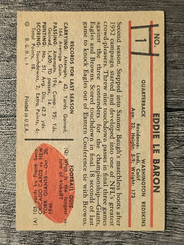 1953 Bowman #1 Eddie LeBaron RC (VGEX)