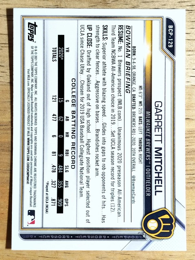2021 Bowman Chrome Prospects #BCP129 Garrett Mitchell