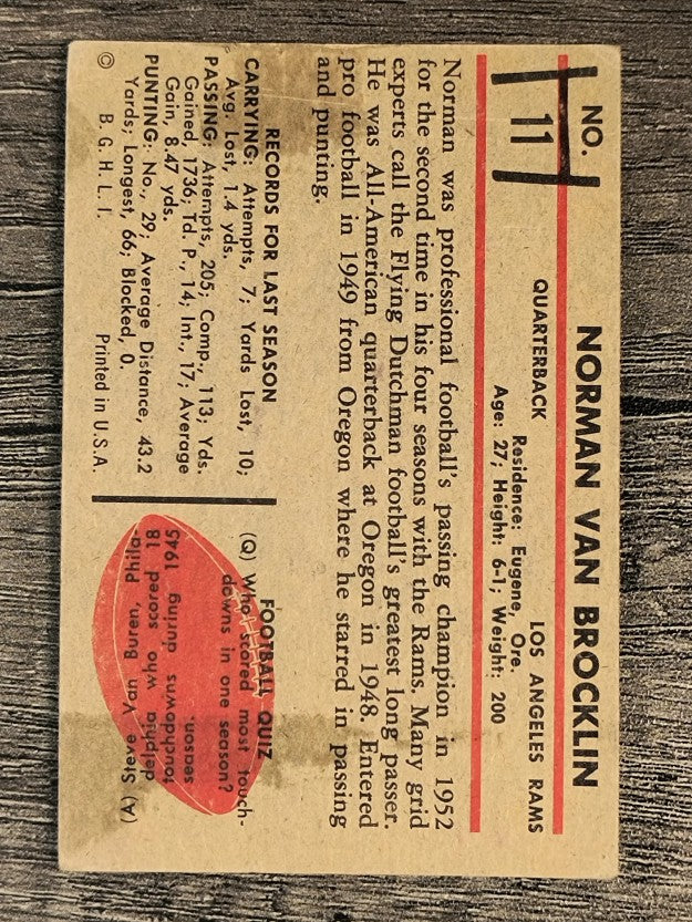 1953 Bowman #11 Norm Van Brocklin (VG)