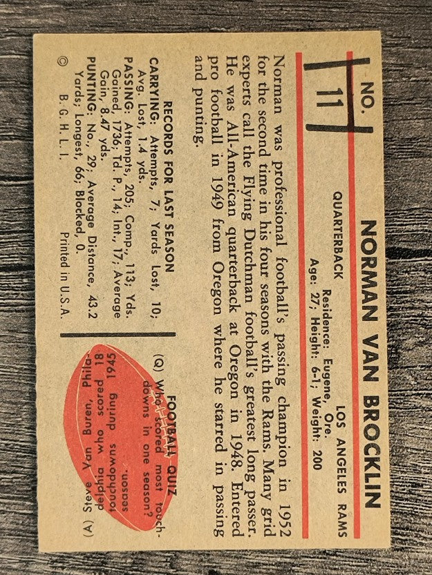 1953 Bowman #11 Norm Van Brocklin (VG)