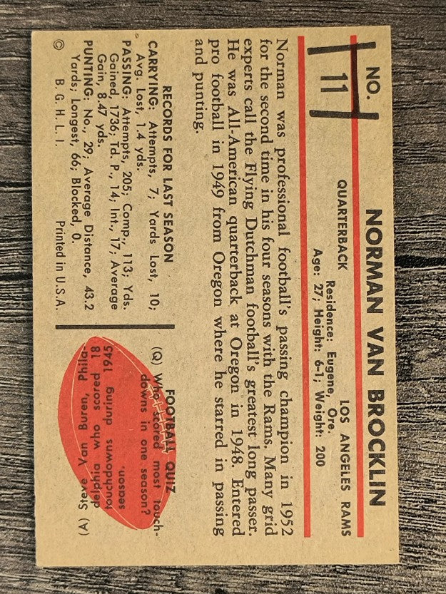 1953 Bowman #11 Norm Van Brocklin (VGEX)