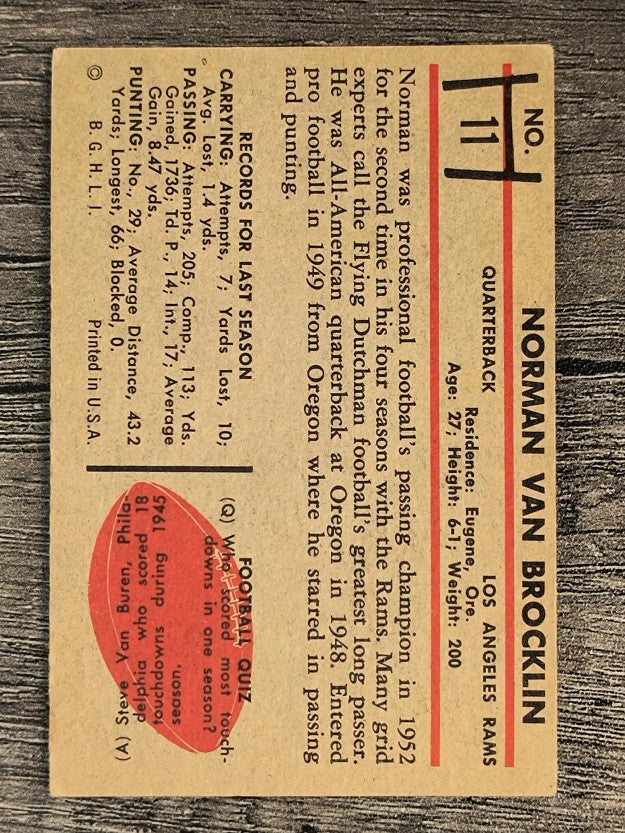 1953 Bowman #11 Norm Van Brocklin (VGEX)