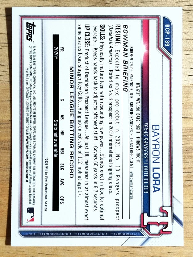 2021 Bowman Chrome Prospects #BCP139 Bayron Lora