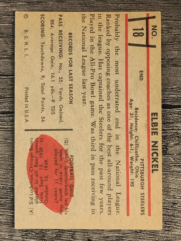 1953 Bowman #18 Elbert Nickel (VGEX)