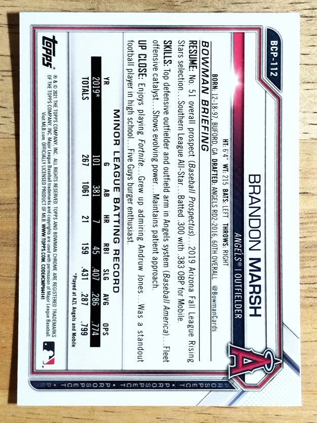 2021 Bowman Chrome Prospects #BCP112 Brandon Marsh