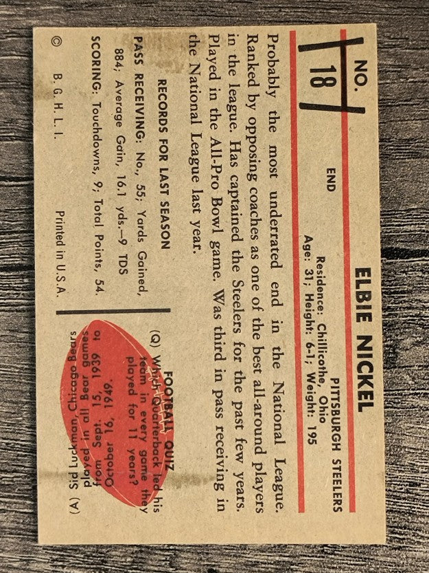 1953 Bowman #18 Elbert Nickel (EX)
