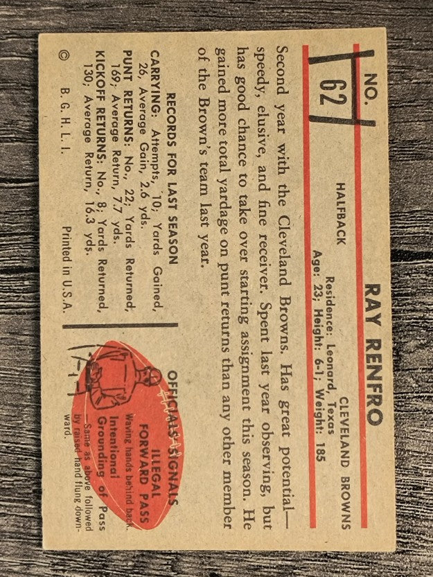 1953 Bowman #62 Ray Renfro SP RC (EX)