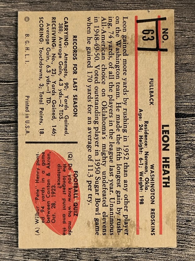 1953 Bowman #63 Leon Heath (VGEX)