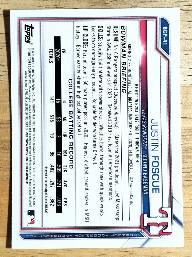 2021 Bowman Chrome Prospects #BCP41 Justin Foscue