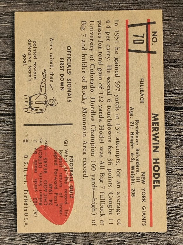1953 Bowman #70 Merwin Hodel SP RC (EXMT)