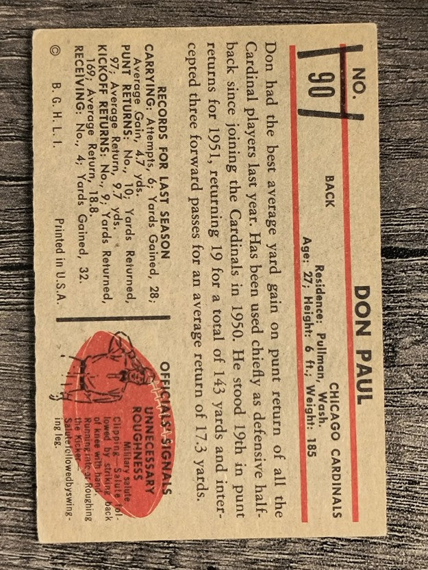 1953 Bowman #90 Don Paul DB (VG)