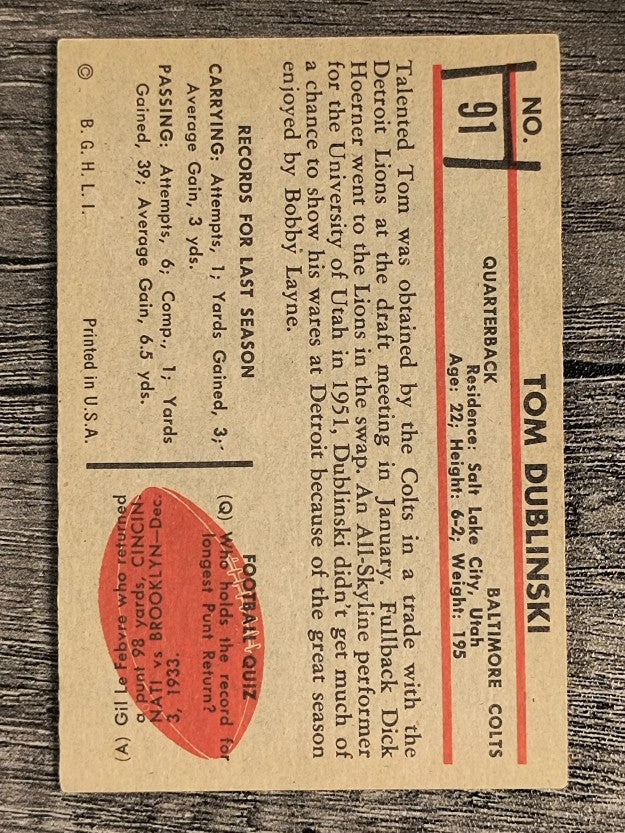 1953 Bowman #91 Tom Dublinski (EXMT)