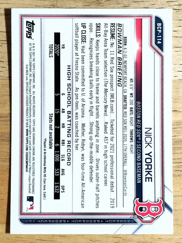 2021 Bowman Chrome Prospects #BCP114 Nick Yorke
