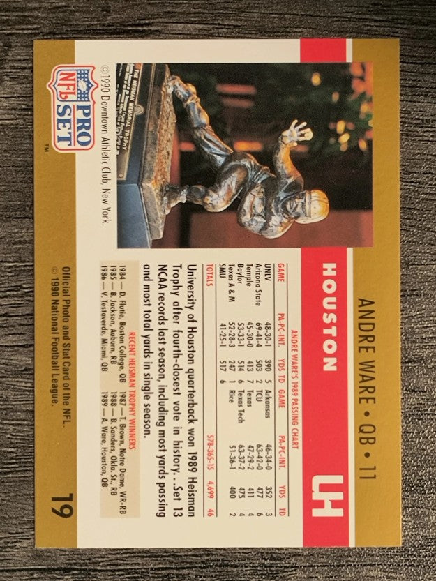 1990 Pro Set #19A Andre Ware RC/Heisman Trophy/No drafted stripe on card front