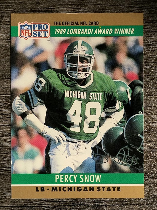 1990 Pro Set #21A Percy Snow/Lombardi Award/No drafted stripe on card front