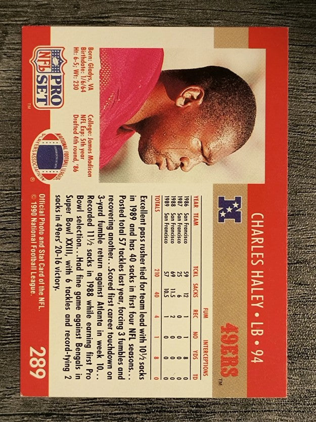 1990 Pro Set #289A Charles Haley ERR/Fumble recoveries 4 total (EXMT)