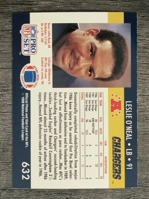 1990 Pro Set #632A Leslie O'Neal ERR/LB-DE on front
