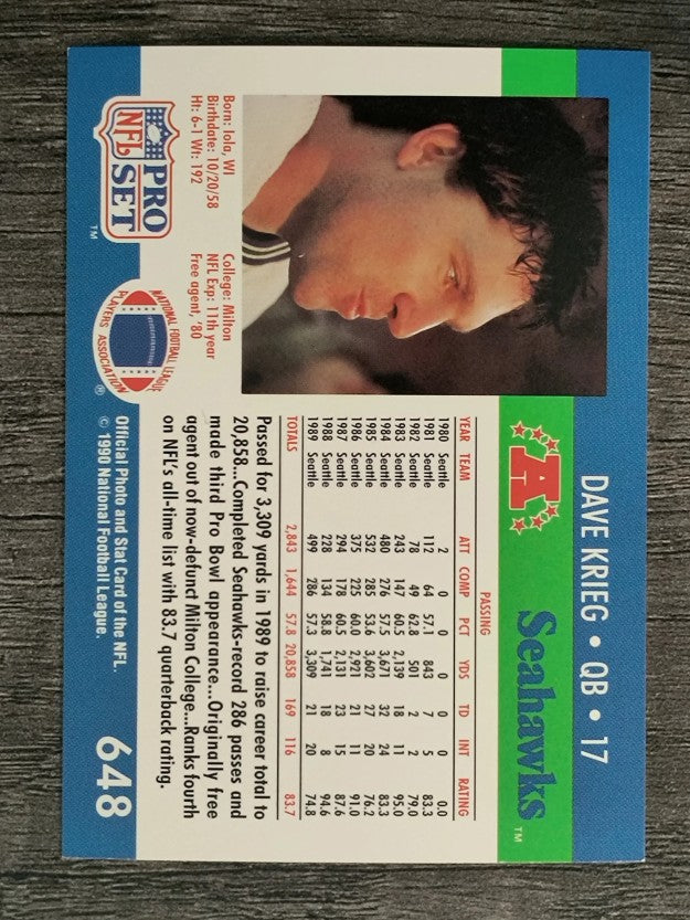 1990 Pro Set #648 Dave Krieg