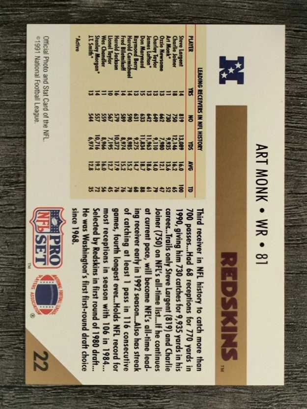 1991 Pro Set #22 Art Monk ML/700 Career Receptions