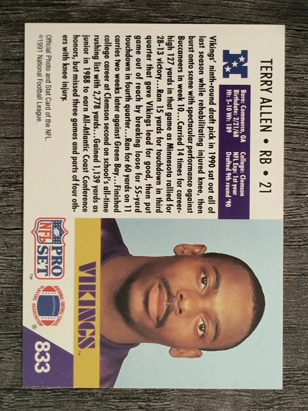 1991 Pro Set #833 Terry Allen RC