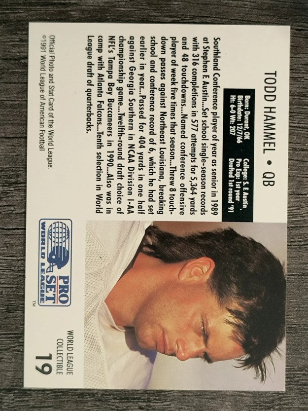 1991 Pro Set WLAF Inserts #19 Todd Hammel