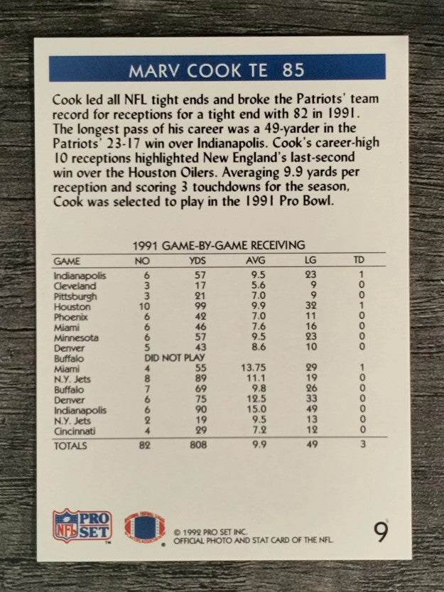 1992 Pro Set #9 Marv Cook LL/Receiving Leader TE
