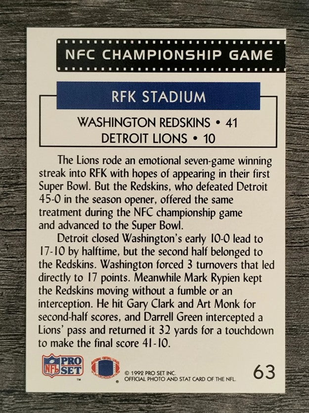 1992 Pro Set #63 NFC Champ. REPLAY/Mark Rypien