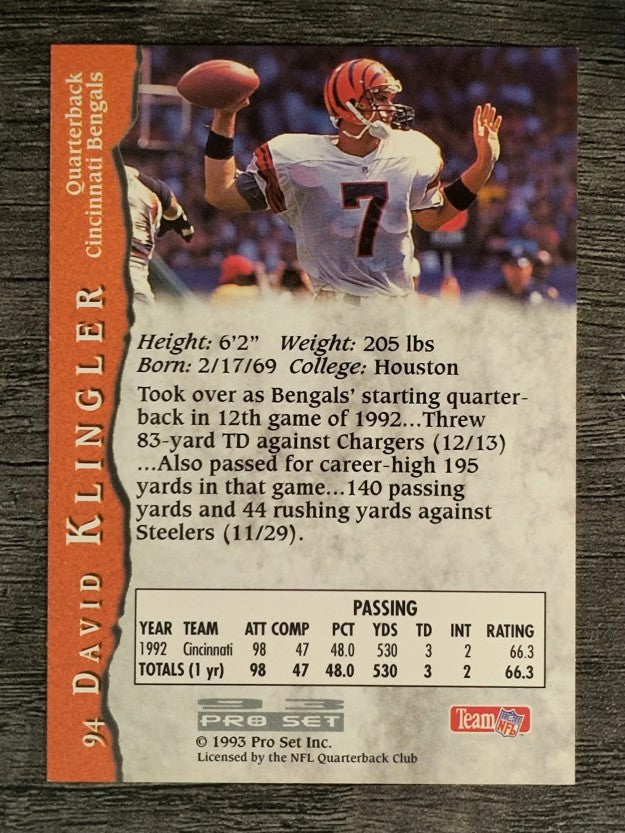 1993 Pro Set #94 David Klingler