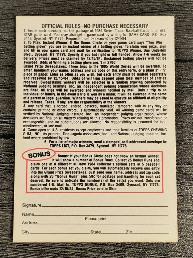 1984 Topps All-Star Game Offer #NNO 2 Runs