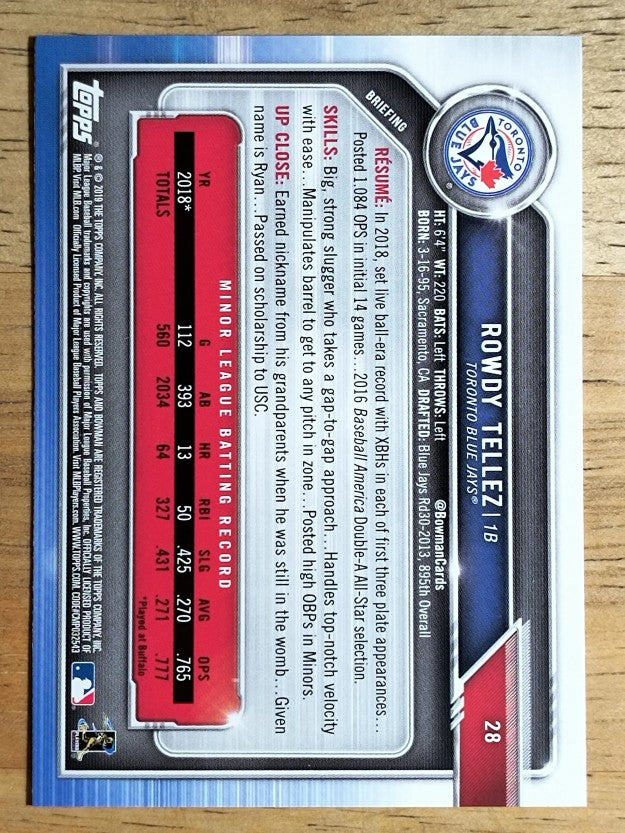 2019 Bowman #28 Rowdy Tellez RC