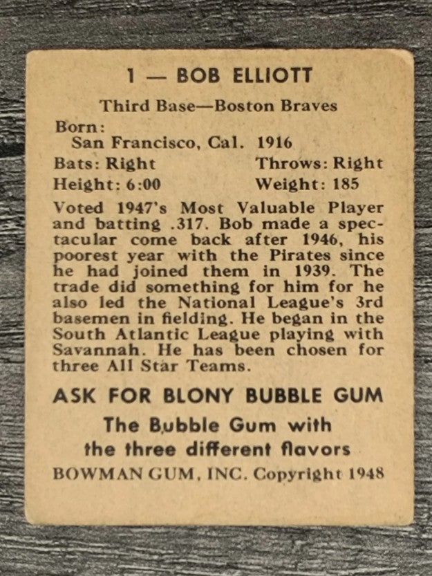 1948 Bowman #1 Bob Elliott RC (VGEX)