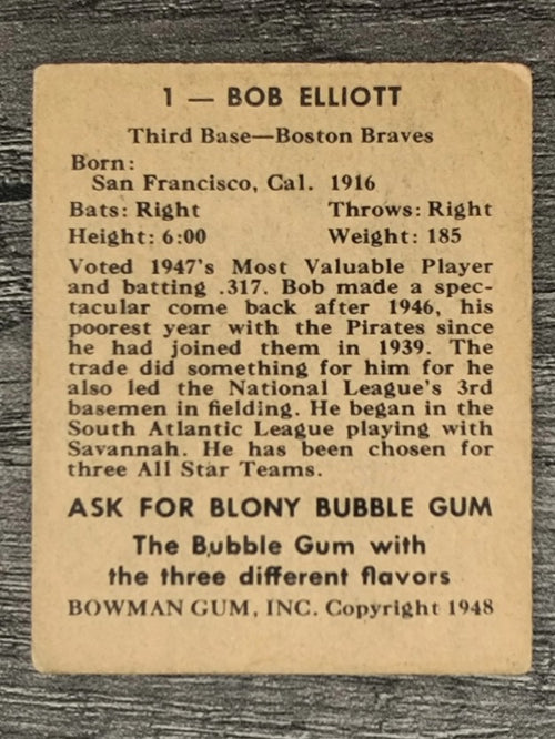 1948 Bowman #1 Bob Elliott RC (VGEX)