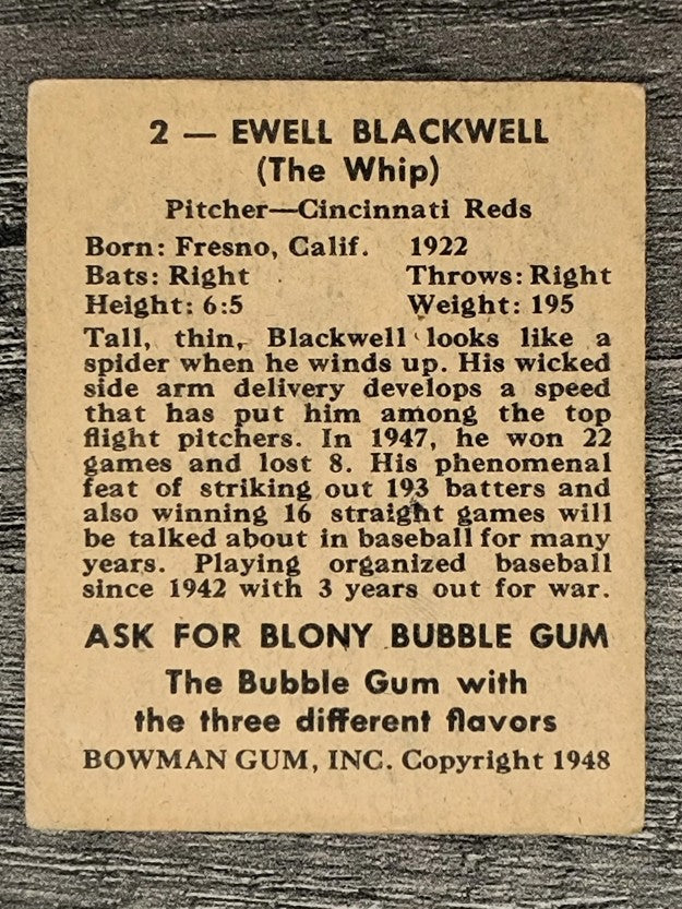 1948 Bowman #2 Ewell Blackwell RC (VG)
