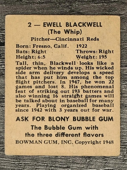 1948 Bowman #2 Ewell Blackwell RC (VG)